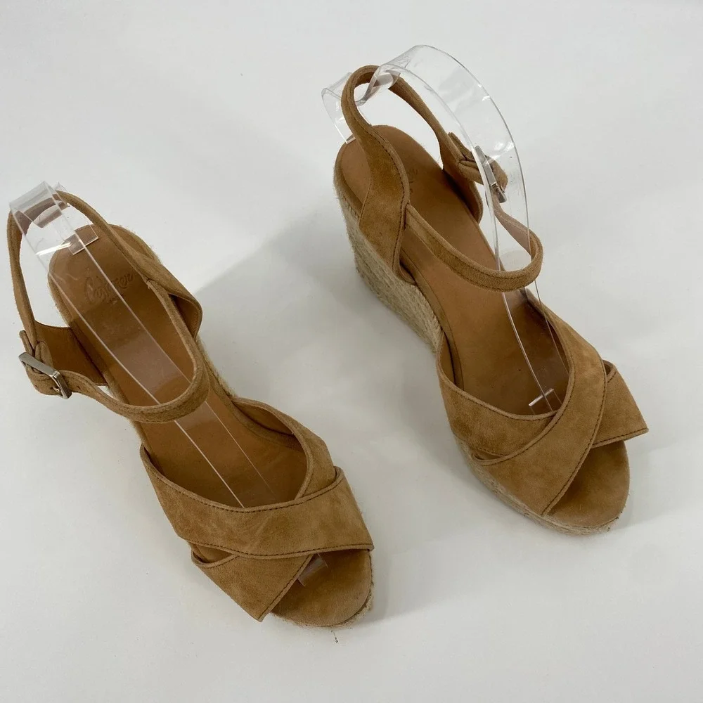 Castaner Espadrille Wedge Sandals Women 38 Tan Suede‎ Ankle Strap Platform